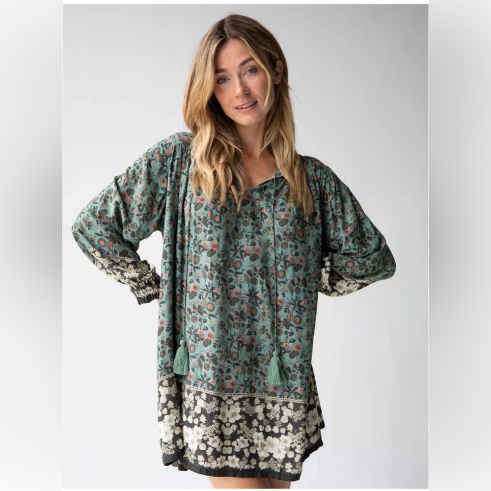 NATURAL LIFE Teal Floral Boho Tunic with Tassel Tie